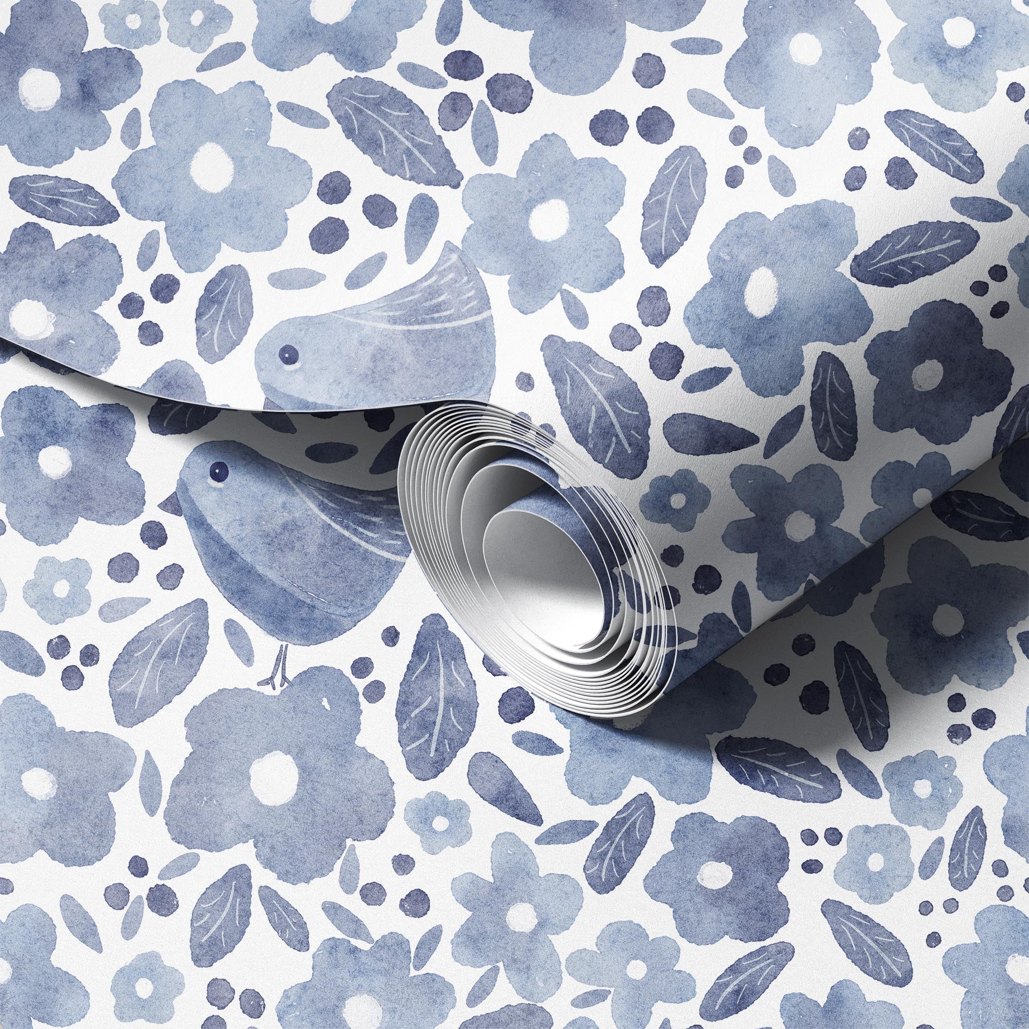 Bird Blossom Grey Gray peel and stick wallpaper room mockup